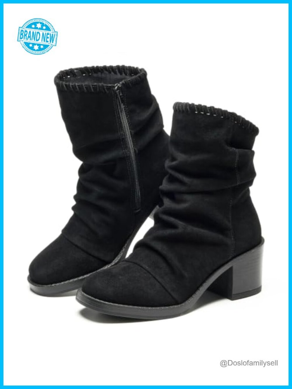 Genuine Leather Ankle Boots Slouch Block Heel Side Zip